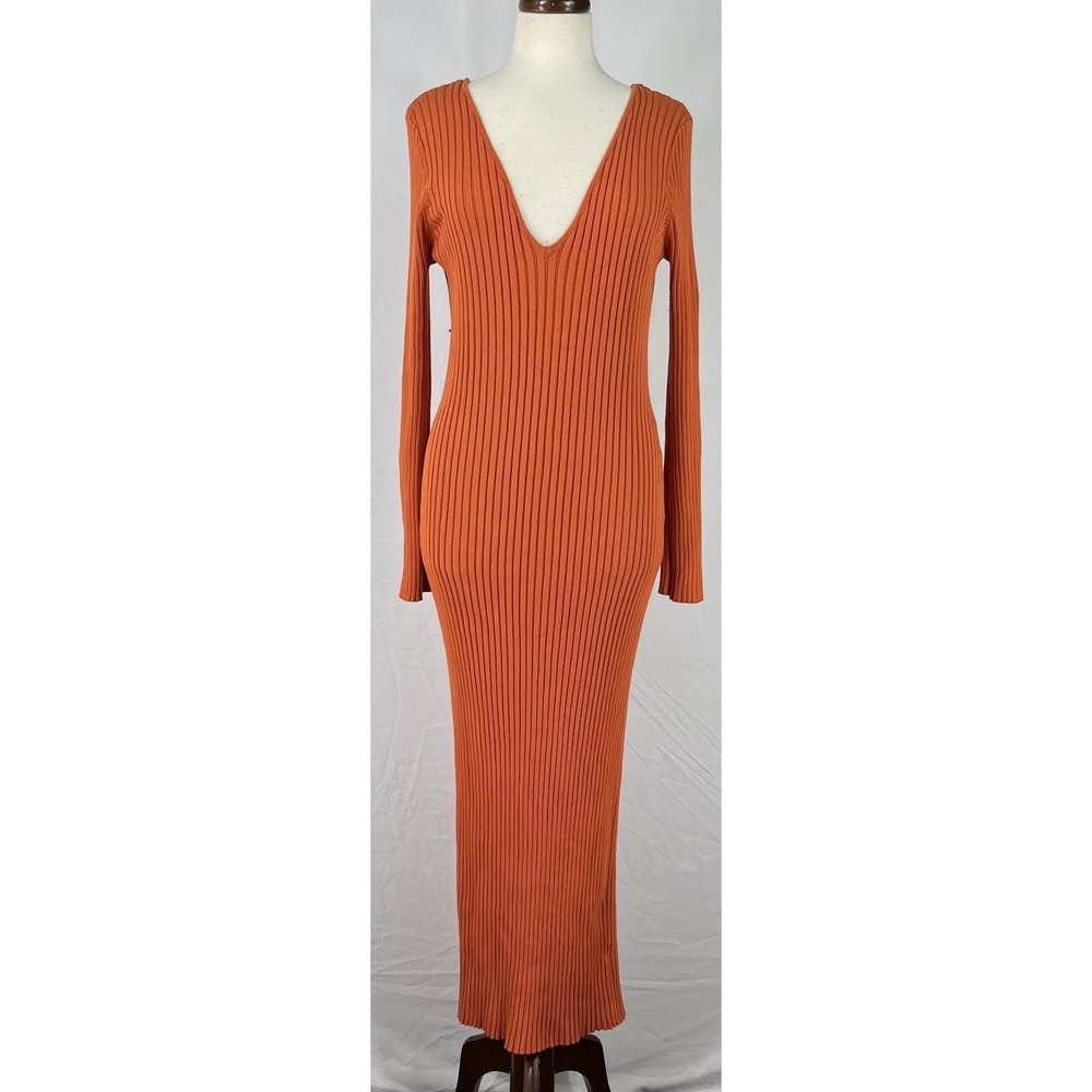 Good Time USA Women Orange Ribbed Knit Maxi Dress V-Neck Long Sleeve Stretch 2XL